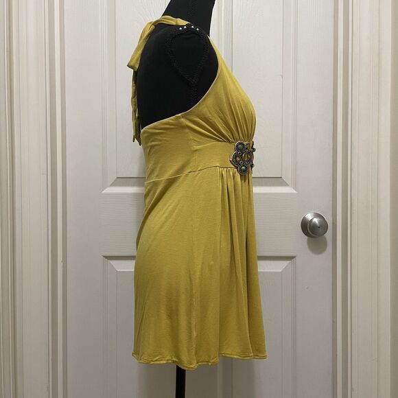 Vintage Love & Love Halter Top Brass Jewel‎ Empire Waist Yellow Boho Y2K Large - Picture 2 of 15